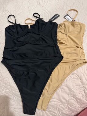 2 PrettyLittleThing women One Piece Swimsuits in Black and Beige